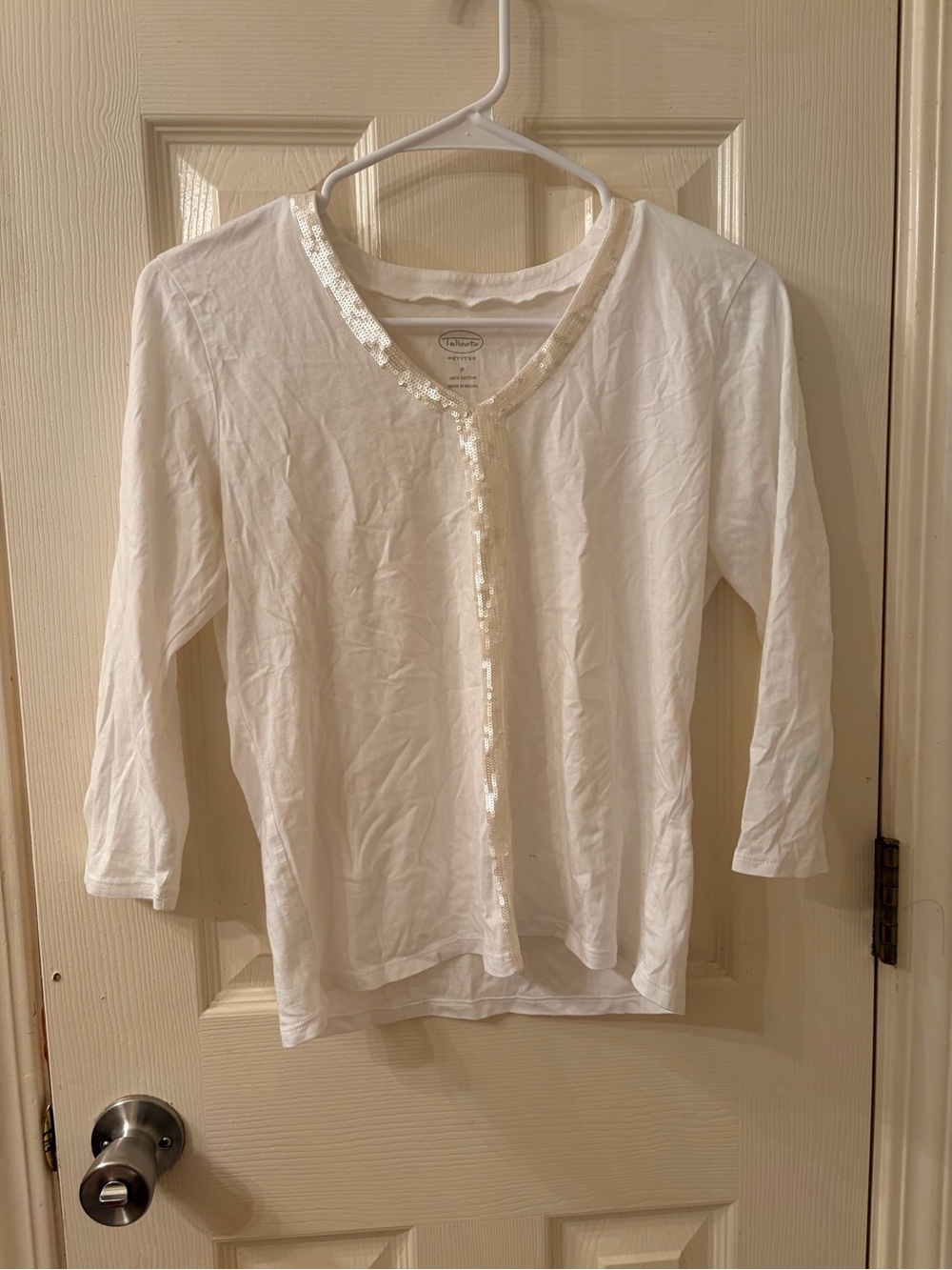 Talbots Cream White Sequin-Trim V-Neck Petites Top